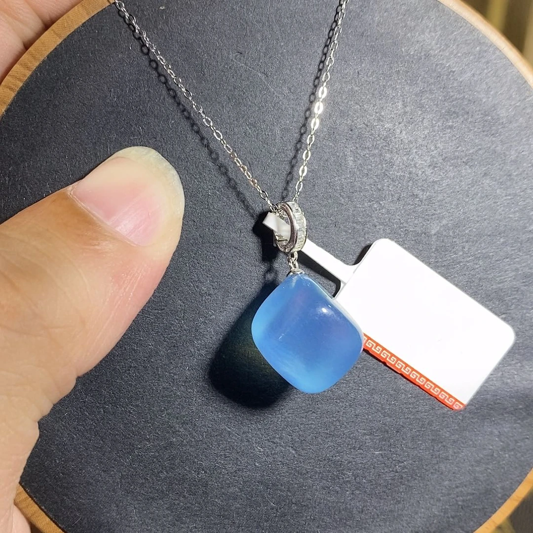 银S925镶嵌海蓝宝石吊坠(赠链)12mm海蓝宝方糖