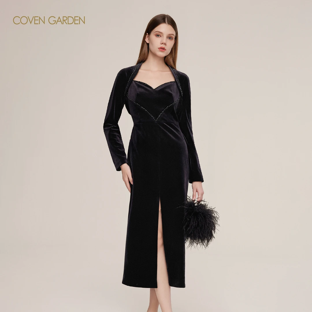 哥文花园 黑色丝绒吊带连衣裙 CLC3083138