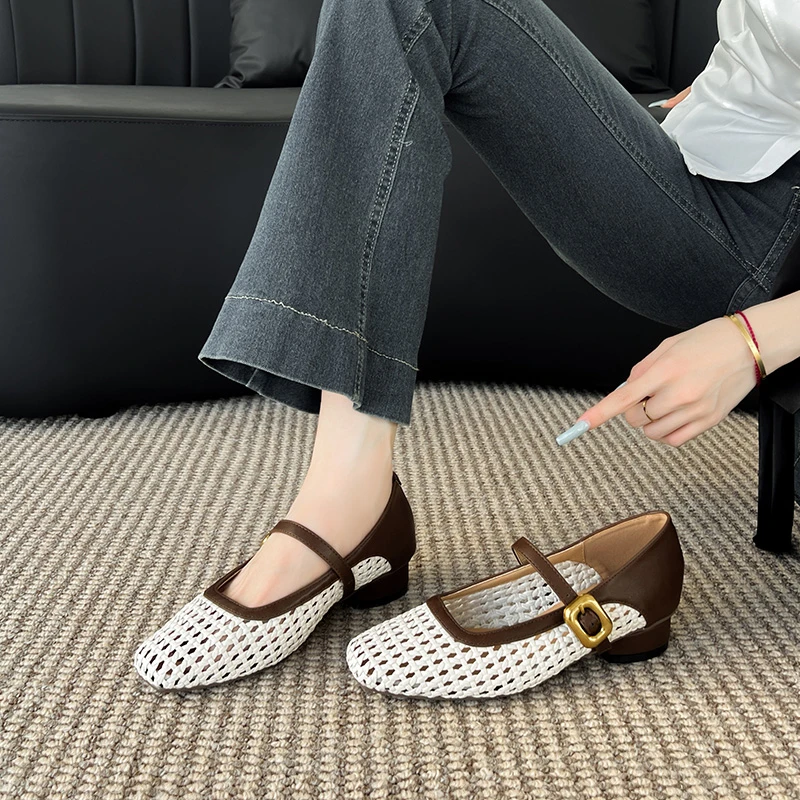 真皮编织镂空玛丽珍鞋女2025新款法式方头扣带透气配裙子气质单鞋