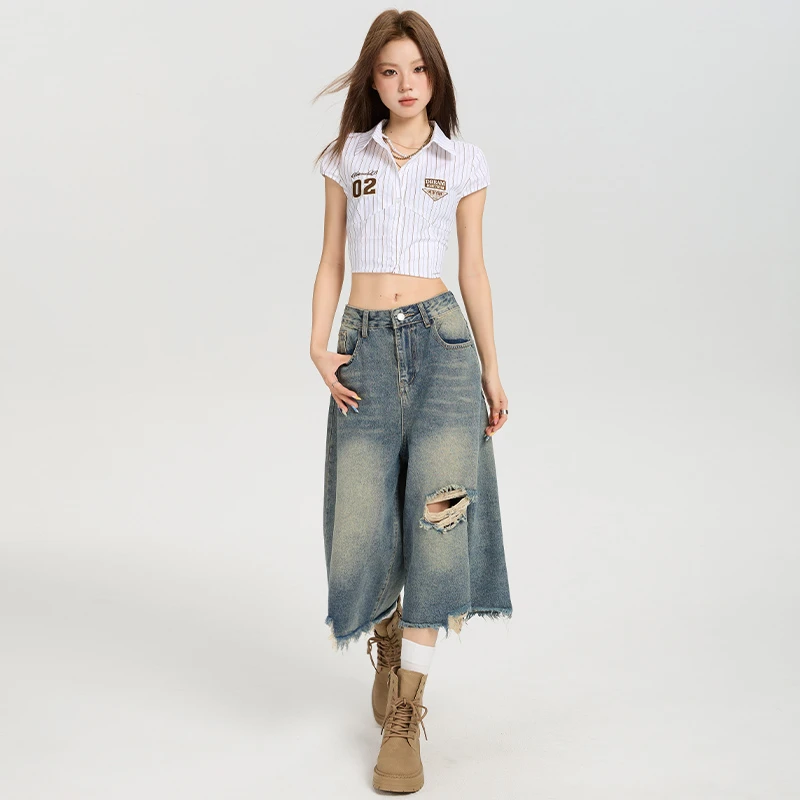 美式街头高腰破洞阔腿牛仔裤女夏季宽松休闲水洗直筒七分裤潮
