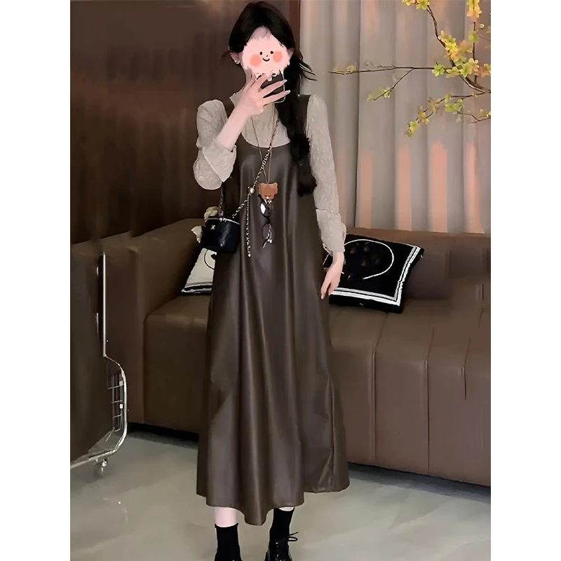 2025春季新款慵懒风圆领修身长袖上衣美拉德宽松显瘦背带连衣皮裙