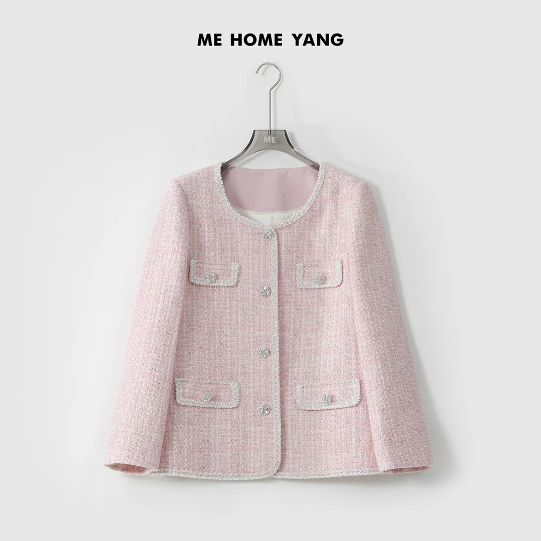 ME【偏爱】绵羊毛混纺重工花呢时尚百搭蔷薇粉小香风外套MESS0594