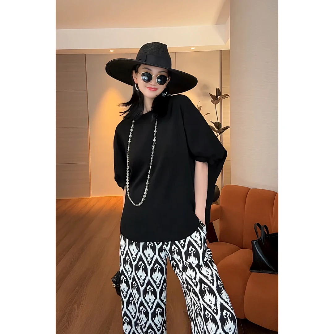 紫紫 元祖时髦  冰丝凉感肩位两穿包容性宽松短袖T恤上衣ZSJC0360