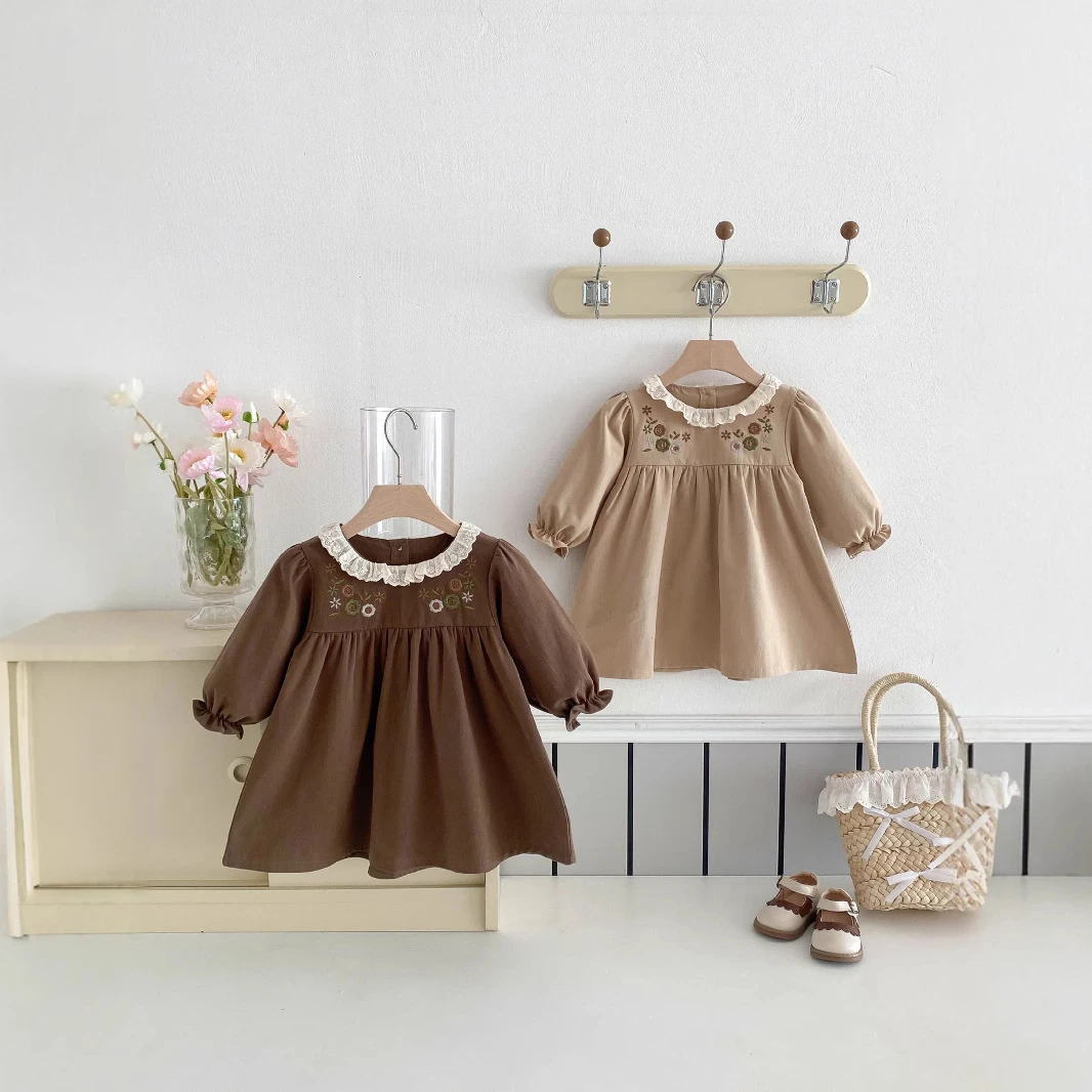 女童春装连衣裙韩版儿童洋气春秋款花边领翻领小女孩公主外出裙子
