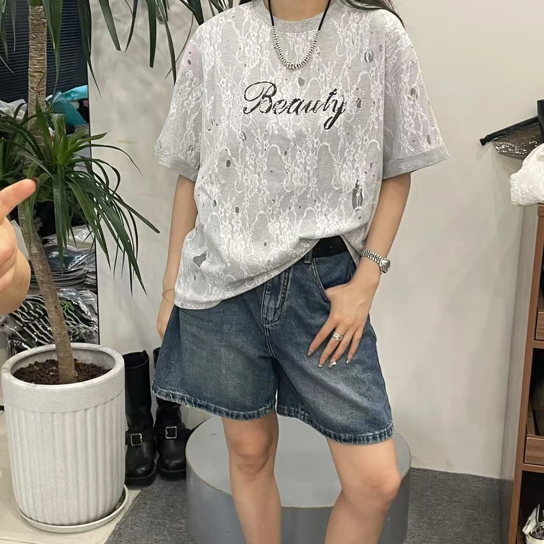 J8779休闲风短袖字母宽松型T恤韩版印花复古圆领