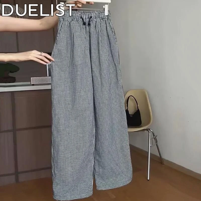 DUELIST自留款推荐~黑色格子休闲裤子夏季新款松紧高腰阔腿裤子潮