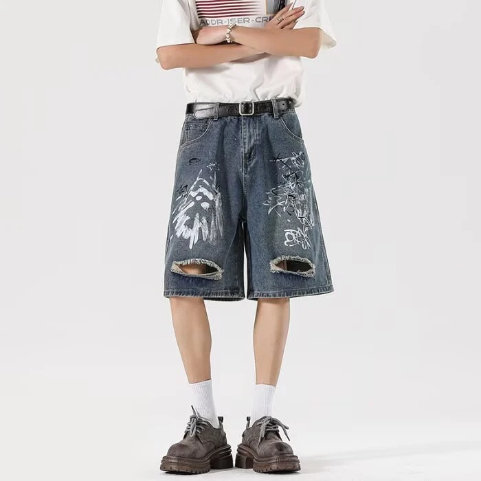 男士美式嘻哈休闲直筒宽松牛仔短裤2025年夏季新款高街阔腿五分裤