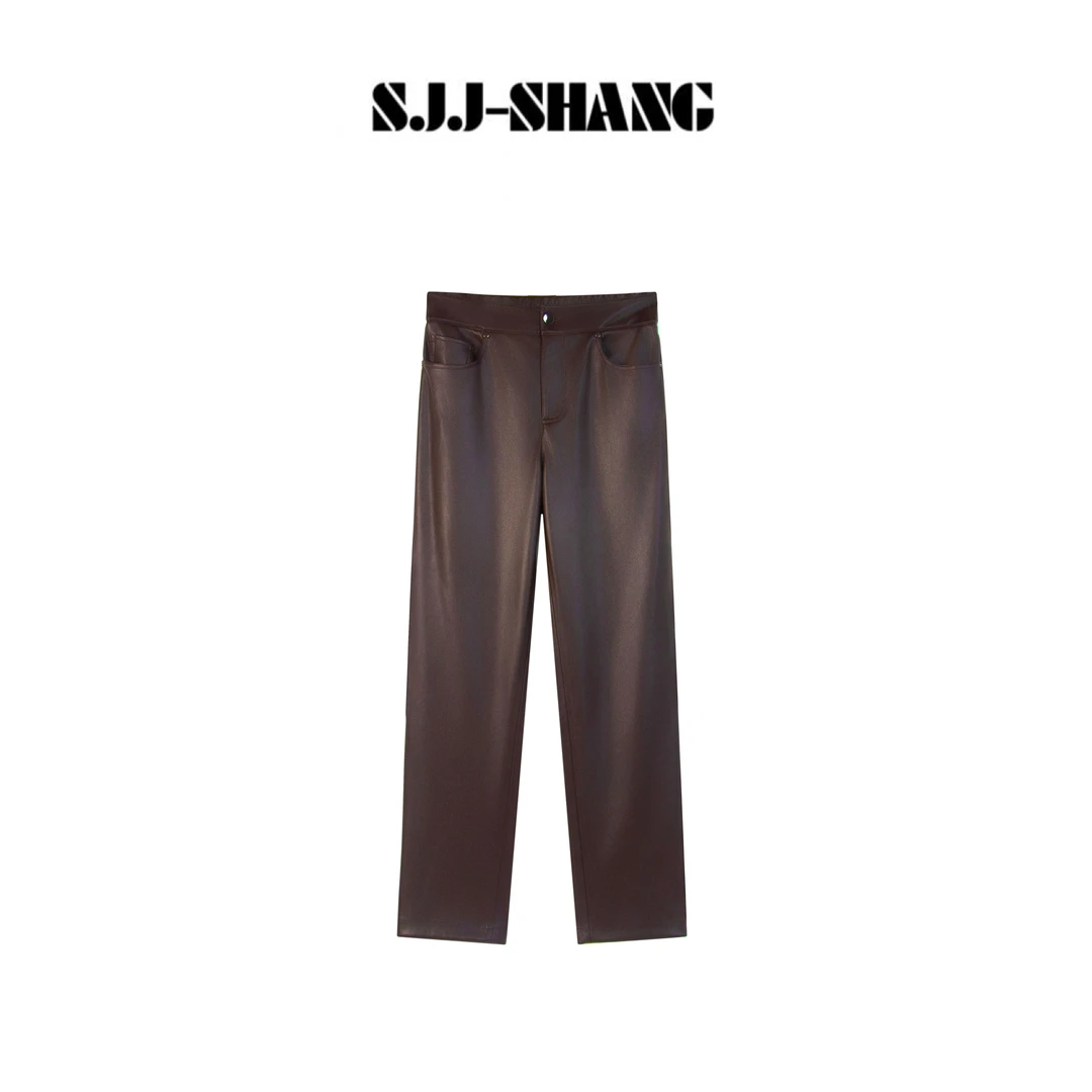 SJJ-SHANG【摩登美学】拉绒无束缚感高端工艺直筒皮感裤q135409p