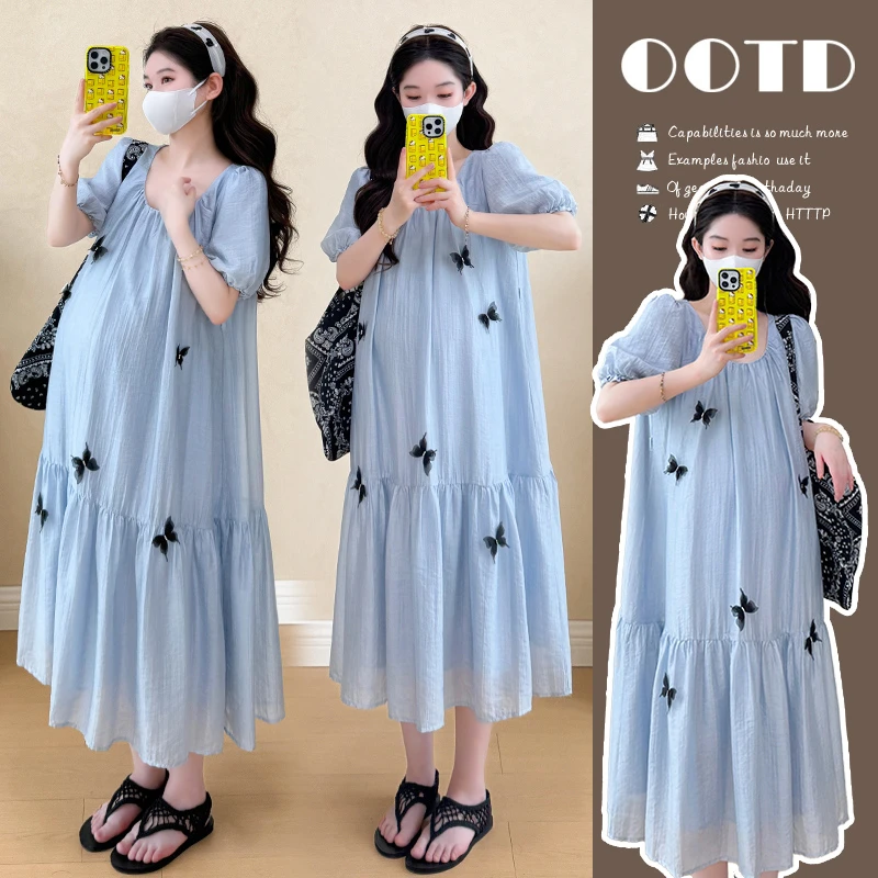 2025新款夏季宽松显瘦法式蝴蝶中长款孕妇连衣裙外穿时尚休闲百搭