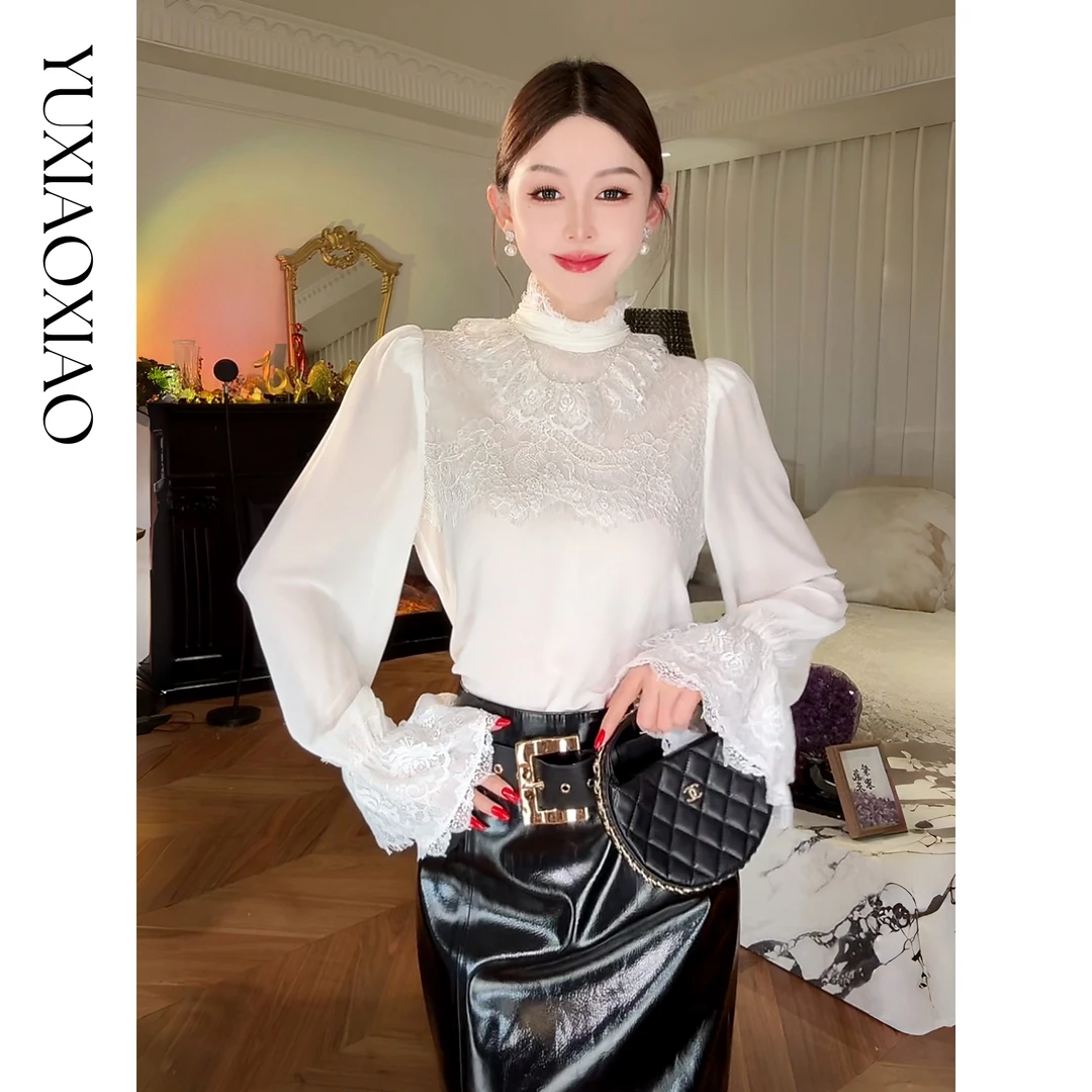 余潇潇【费罗里达花径】简约拼接镂空蕾丝花纹牙签褶工艺立领上衣