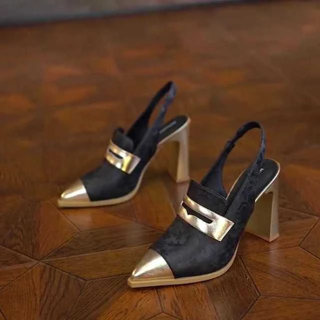 8CM欧美拼色国潮风绣花尖头超高跟包头后空凉鞋女粗跟松紧带2025