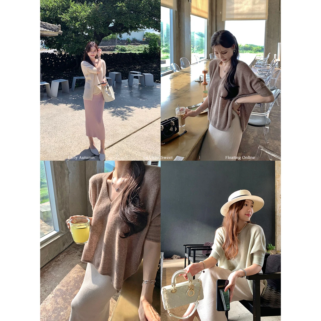 CloudSweet白云甜素欢 山羊绒气质V领毛衣女秋冬宽松慵懒风针织衫