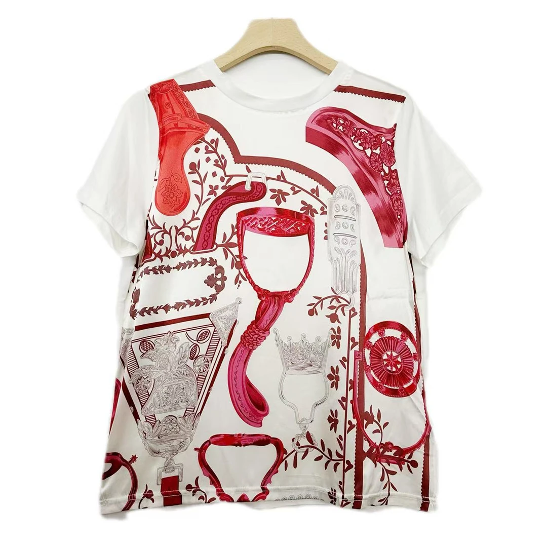 【多米拉】08524  圆领显瘦上衣夏季印花小衫时尚百搭圆领春季休闲