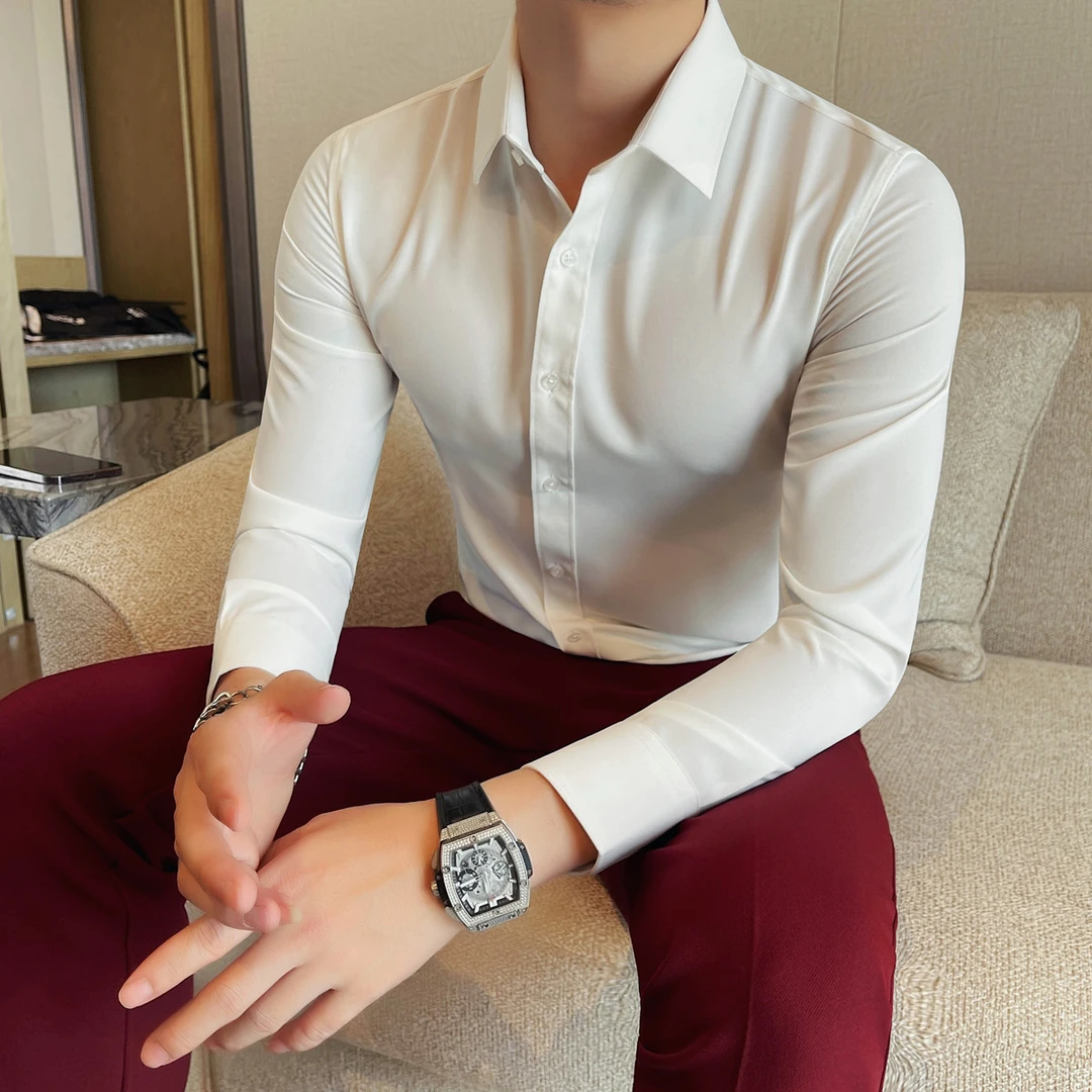 新款男士商务休闲纯色衬衫青年百搭时尚职业上衣潮流韩版弹力衬衣