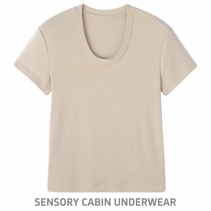 醋酸天丝鹅蛋领短袖T恤打底上衣莱赛尔绵羊毛老钱风显瘦修身百搭