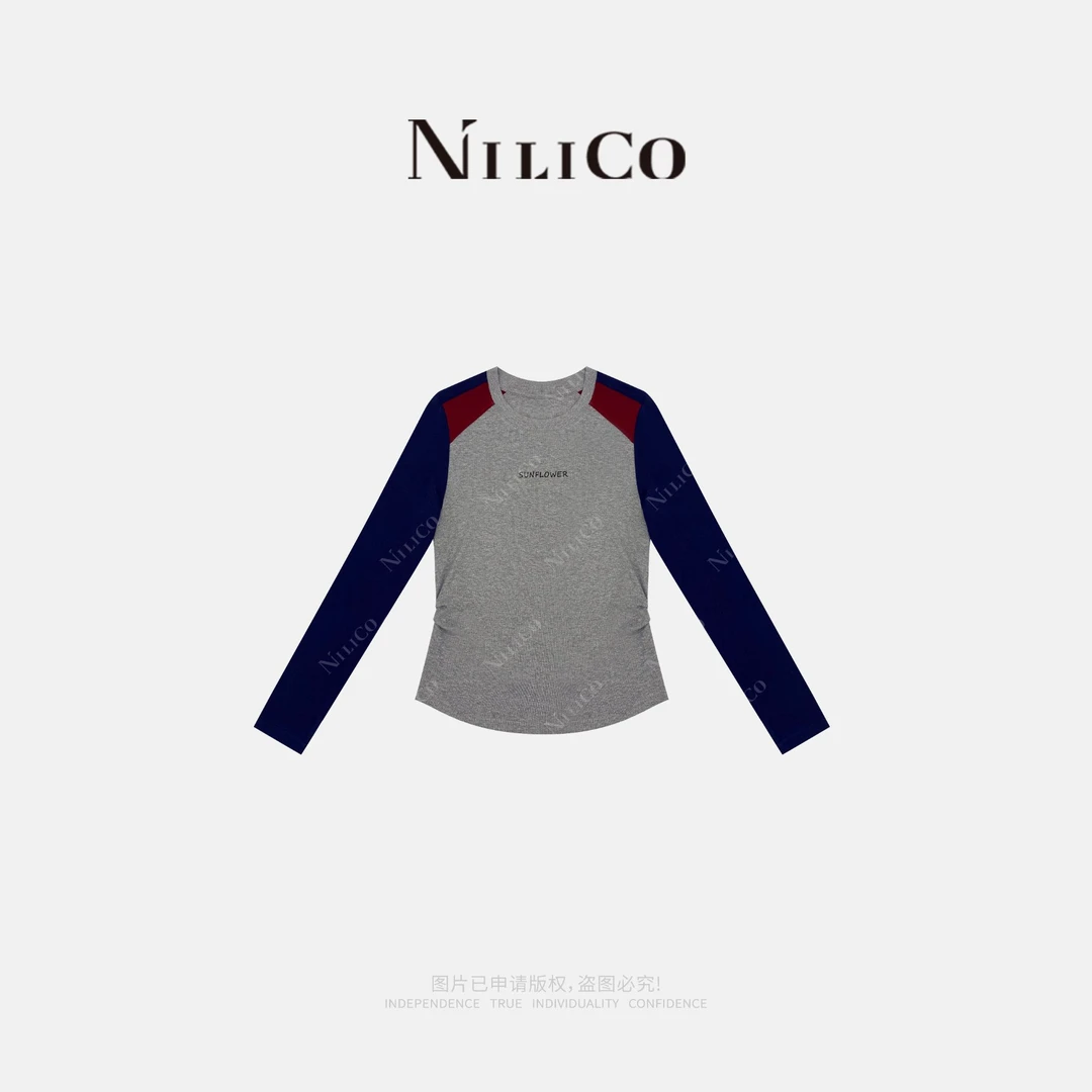 NILICO【向阳花】三色拼接活力减龄印花拼色长袖女T恤