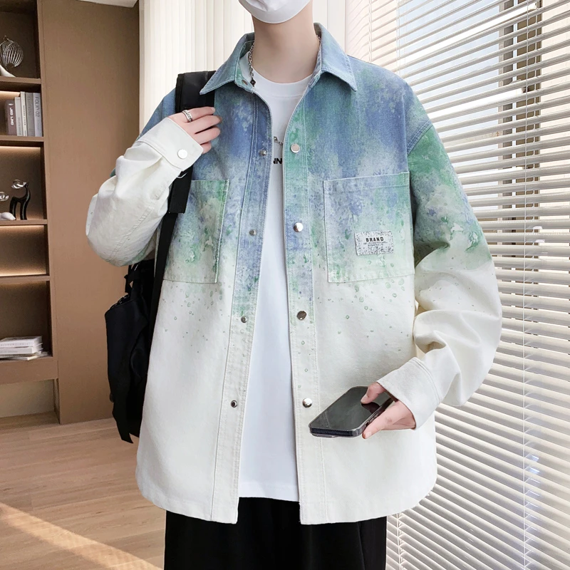 青少年春秋新款牛仔夹克男生港风宽松潮流渐变学生牛仔衬衫外套
