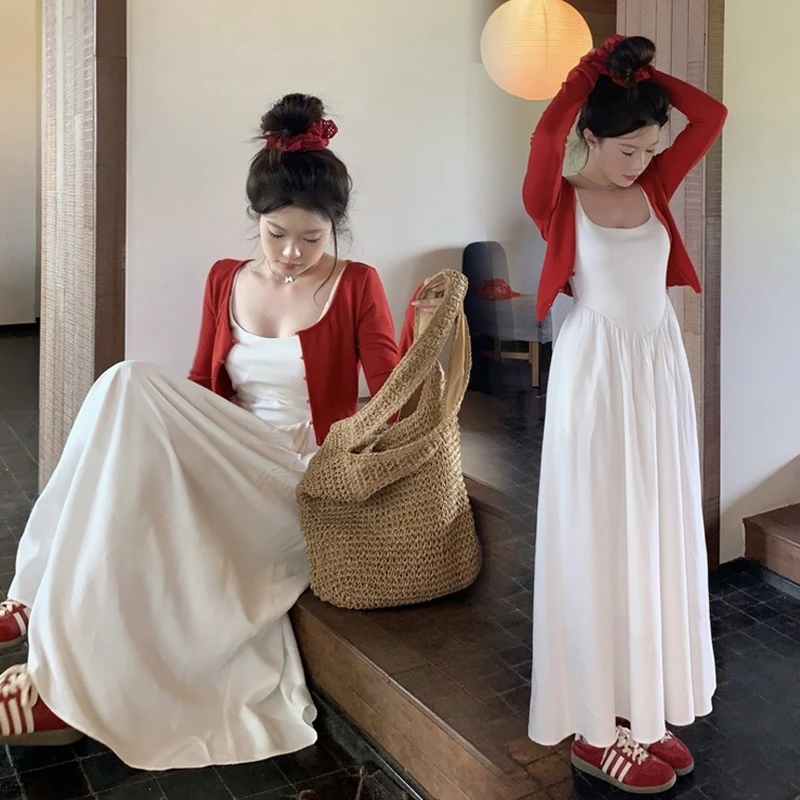 孕妇装205春装新款复古高级感红色开衫+吊带孕妇连衣裙两件套装春