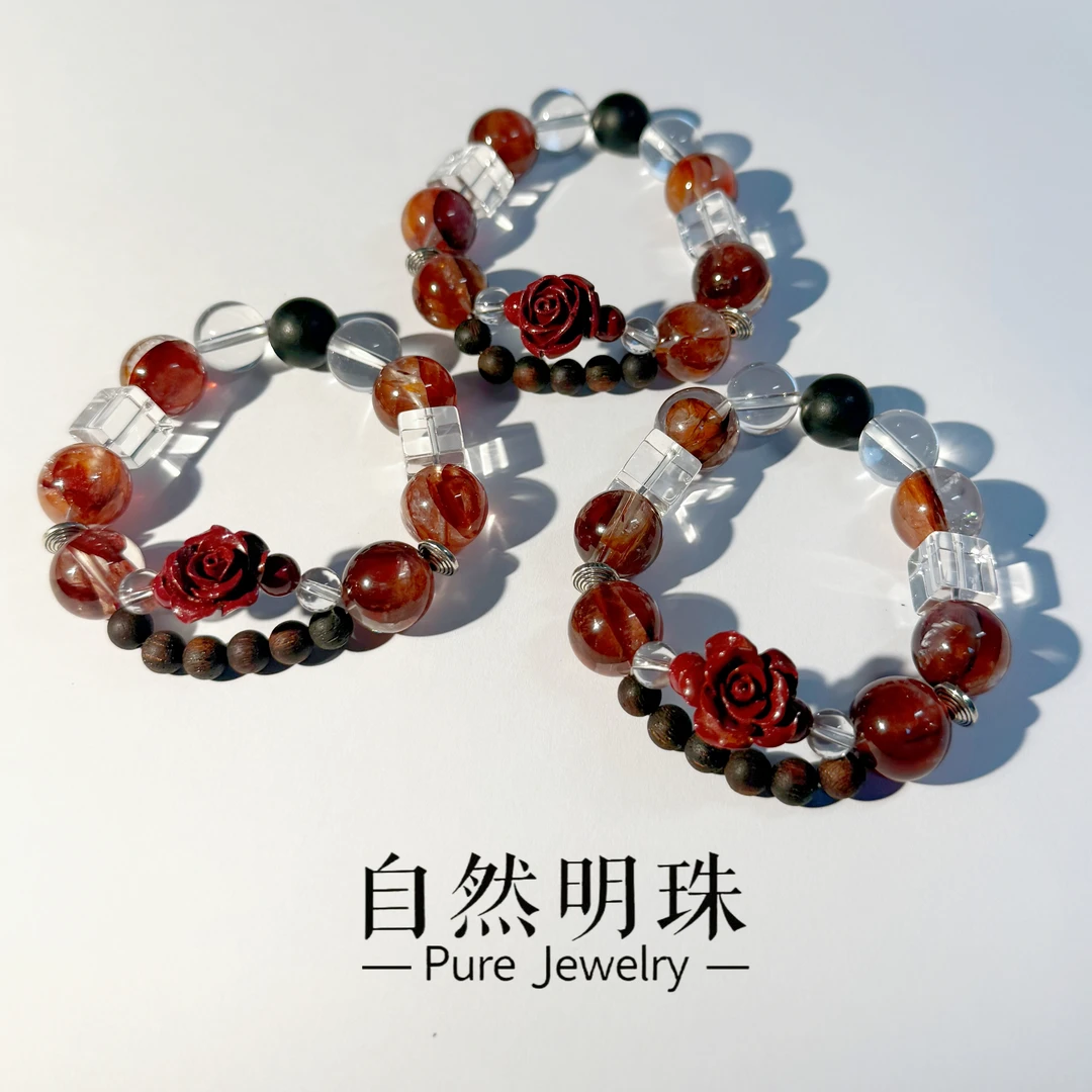 思斯原创【铿锵玫瑰】红胶花朱砂白水晶 S925 银饰手链多样性发一