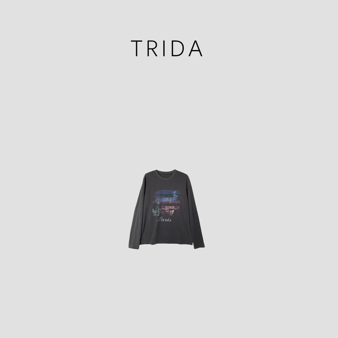 【Trida】100优质精梳棉灰色夜景图案长袖休闲T恤5223LL