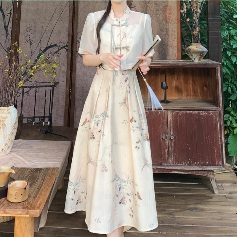 2025新中式夏季国风复古两件套连衣裙盘扣收腰气质印花吊带裙套装