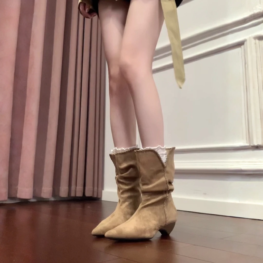 羊皮版~褶皱百搭堆堆靴女气质尖头短靴磨砂西部短靴小众时装靴子