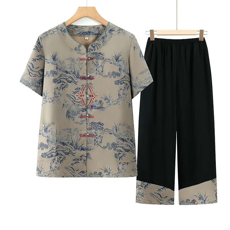 2025气质短袖两件套中老年妈妈装奶奶装夏季新款衬衫上衣套装