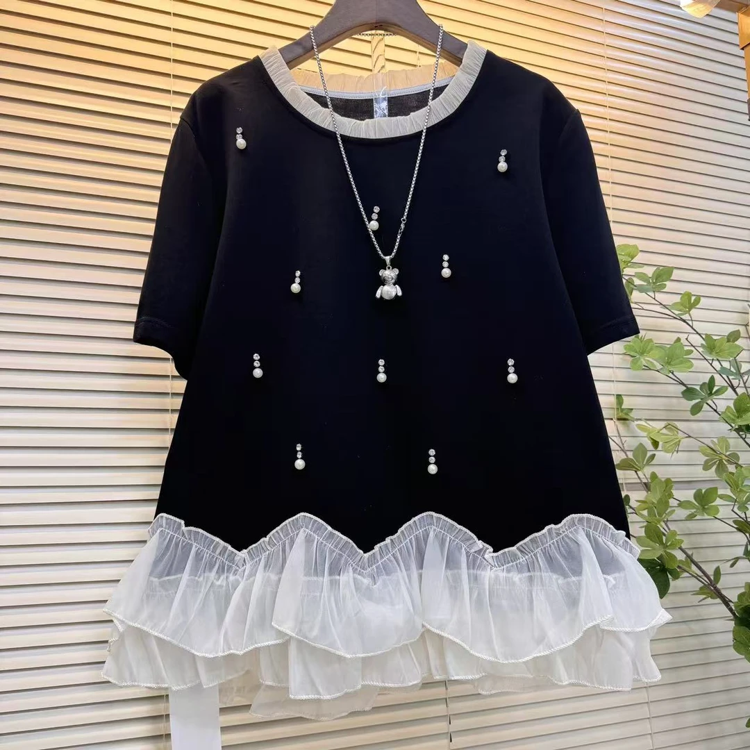 独特漂亮蕾丝短袖t恤女2025新款爆款夏季设计感拼接钉珠短款上衣