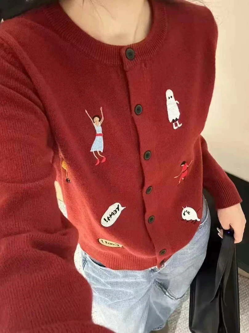 欧货轻奢时尚圆领开衫刺绣针织毛衣7851