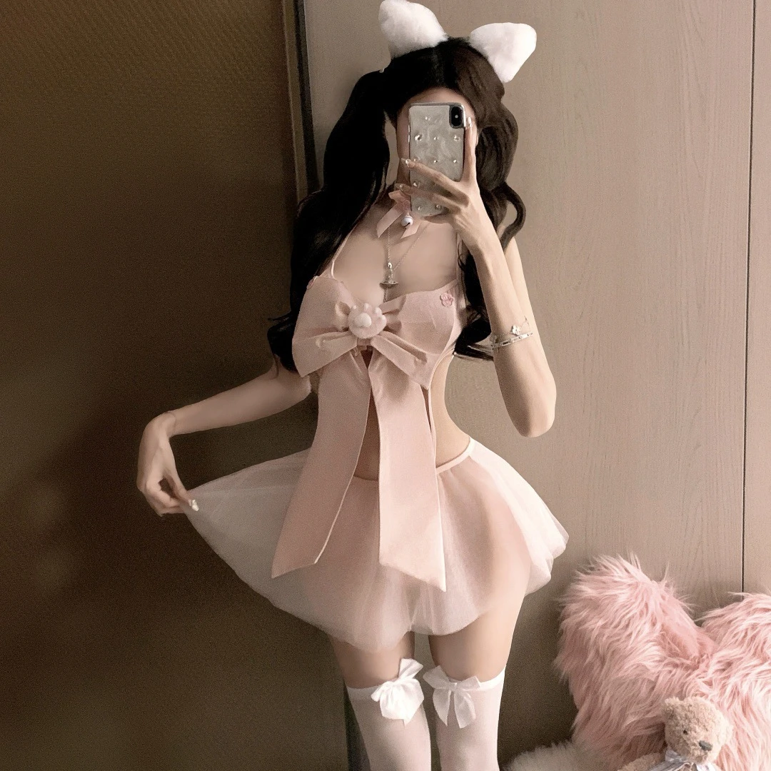 【夜来秀】粉色蝴蝶结内衣纯欲拼接网纱套装