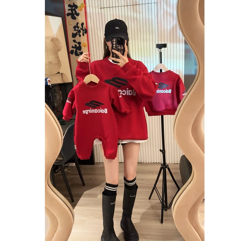 [MMMM]新年一家三口亲子装红色网红宽松卫衣婴儿爬服连体衣加绒