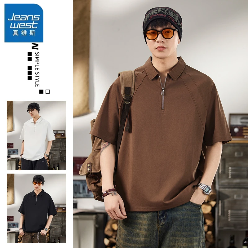 真维斯美式重磅短袖polo衫男款夏季半拉链翻领宽松休闲潮流体恤衫