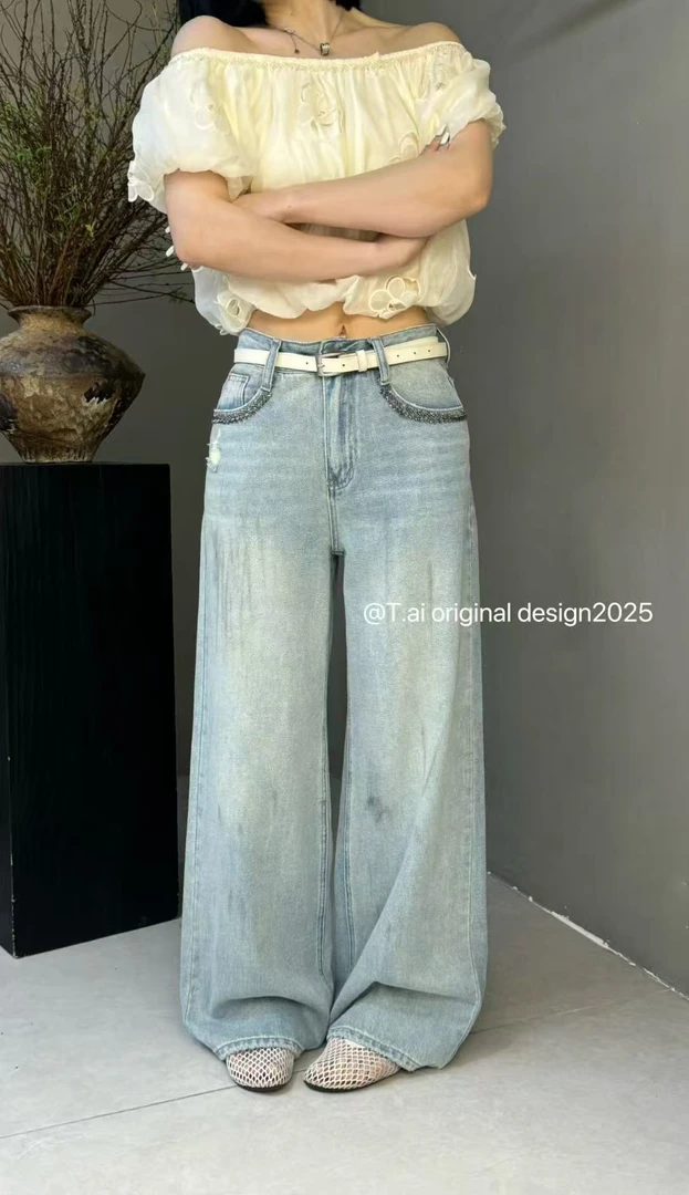 Tai#6656夏款福利无弹重工艺涂鸦阔腿牛仔裤，裤长：105cm