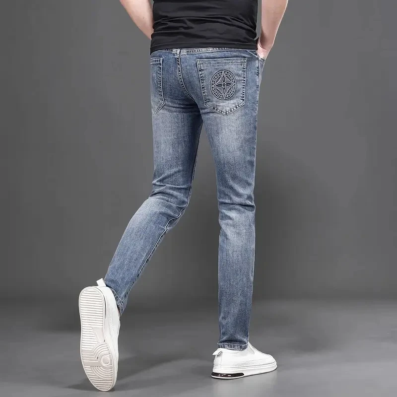夏秋季潮流牛仔裤男士韩版印花时尚百搭修身弹力休闲痞帅长裤