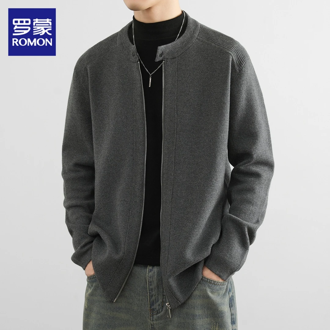罗蒙开衫毛衣男士2025秋季新款潮流圆领毛线休闲针织衫外套男装