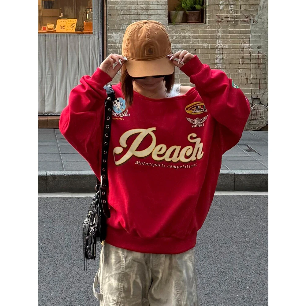 高街美式字母印花斜肩长袖卫衣女秋季辣妹露肩宽松显瘦小众上衣