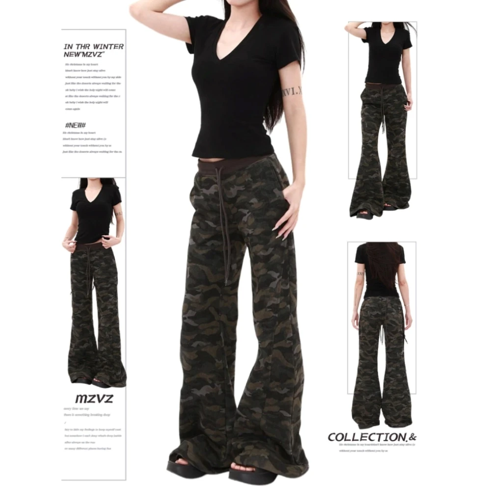 美式复古辣妹迷彩微喇休闲裤女夏季2025新款显瘦休闲阔腿拖地裤子