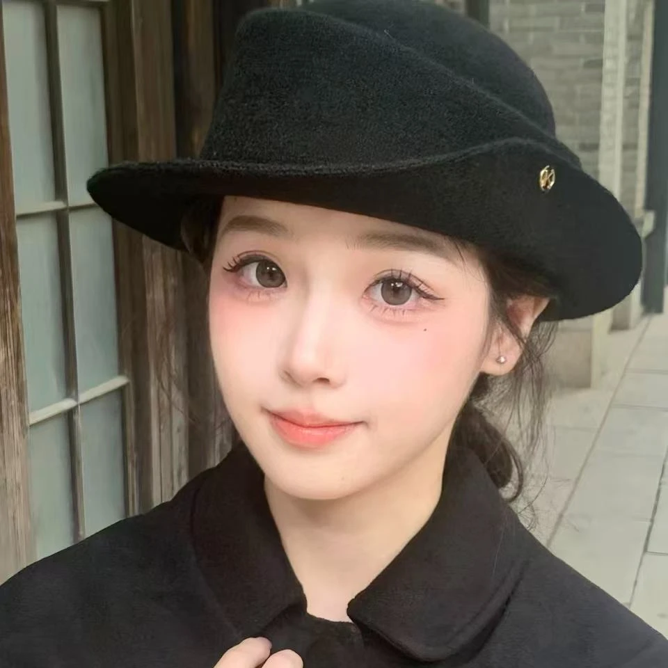 法式赫本风优雅黑色礼帽女秋冬复古显脸小卷边千金毛呢帽子渔夫帽