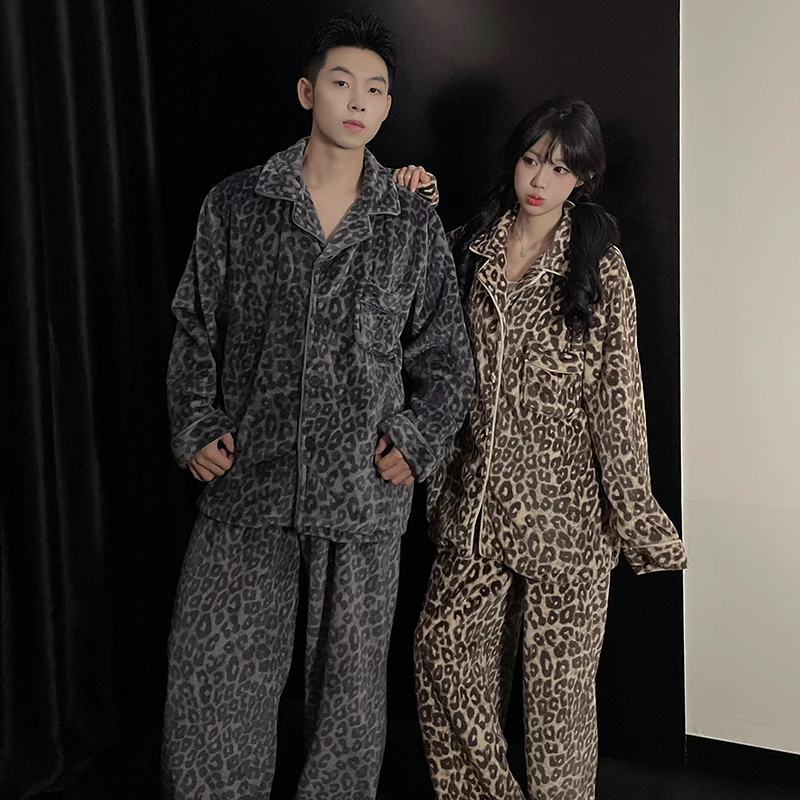 高级感秋冬季豹纹情侣睡衣女珊瑚绒法兰绒加绒加厚男士家居服套装