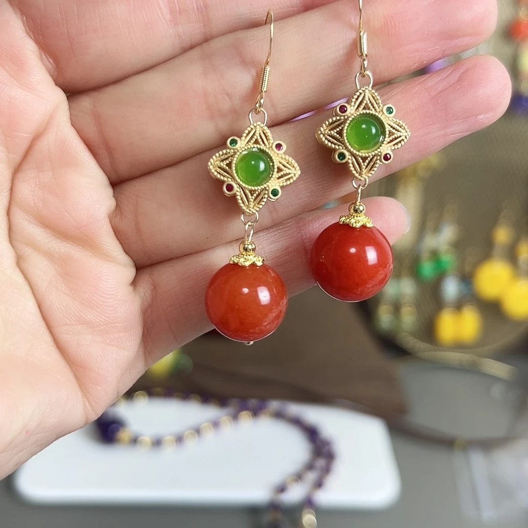 银S925镶嵌耳钉玛瑙/玉髓红色