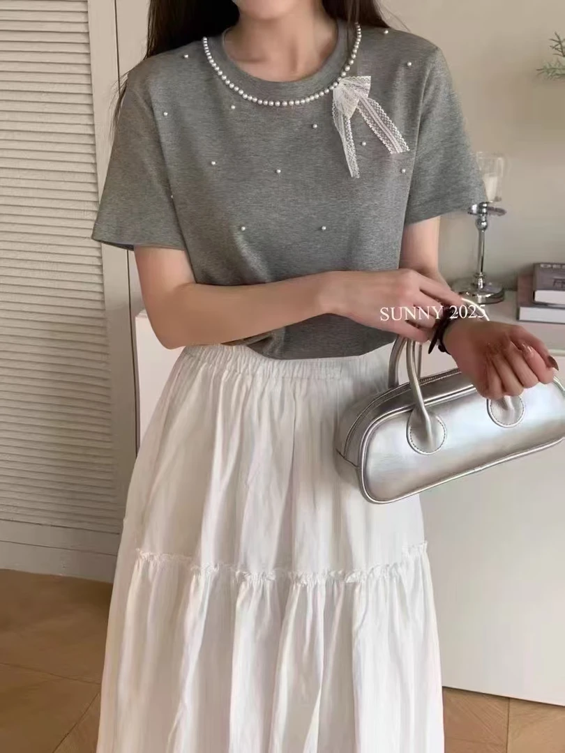 100-199法式纯色短袖修身型3D圆领T恤休闲夏季百搭不规则高腰白色