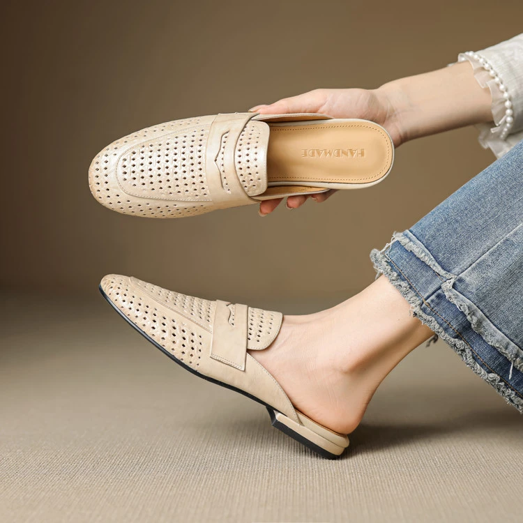 1.5cm 复古百搭舒适软底包头拖夏季法式气质镂空半拖简约时尚半拖