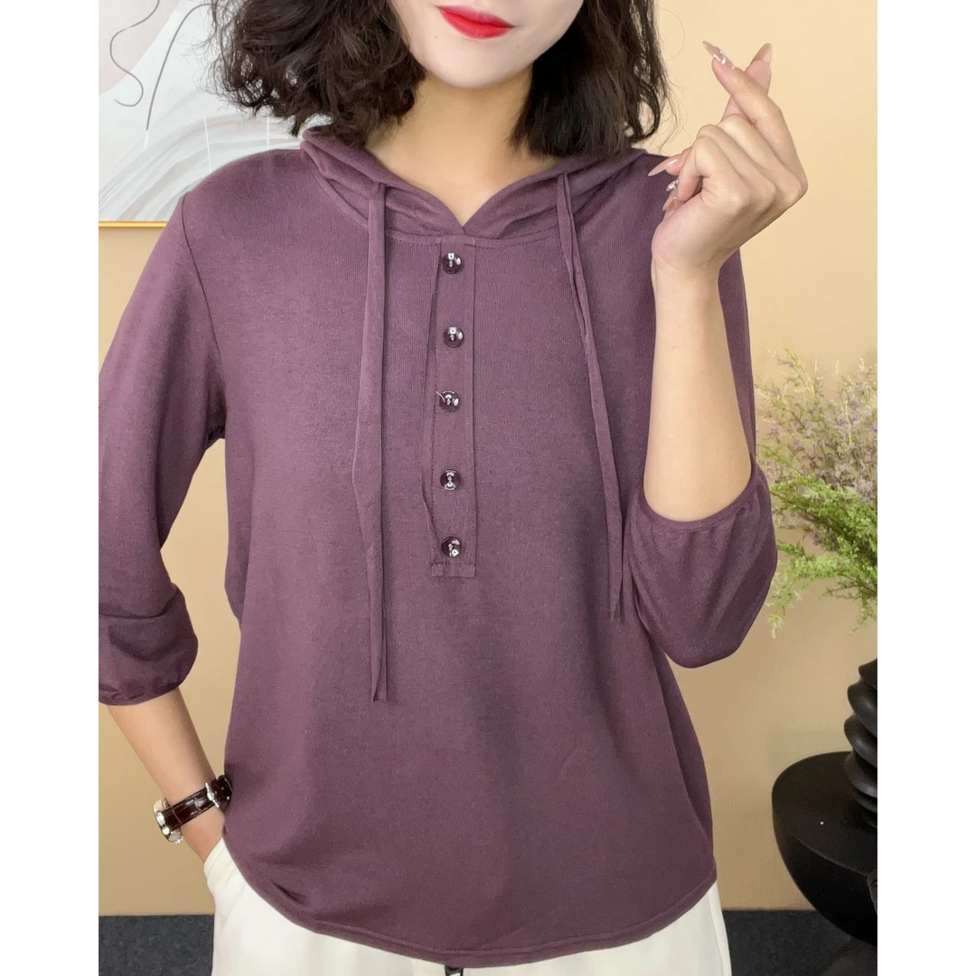 洋气妈妈装弹力上衣T恤女春夏新款连帽七分袖宽松百搭休闲
