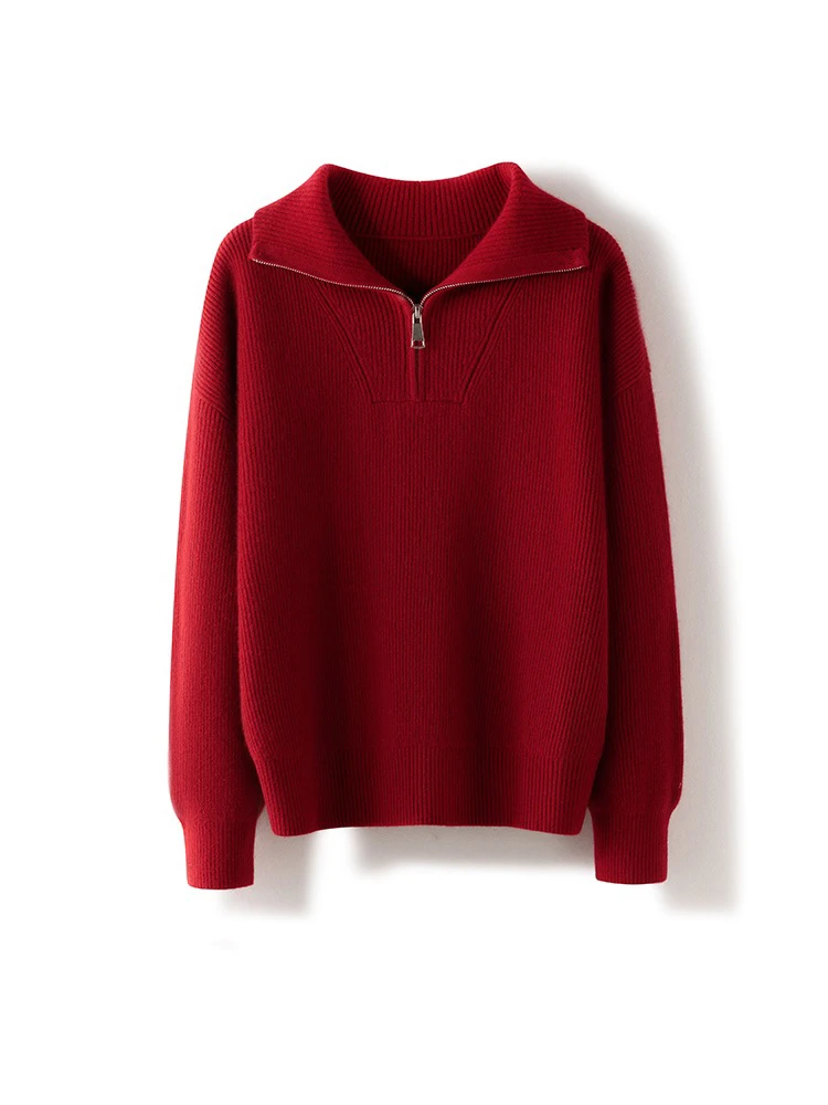 新年愿望～100%山羊绒A类羊绒衫加厚半拉链套头针织衫新年红女毛衣