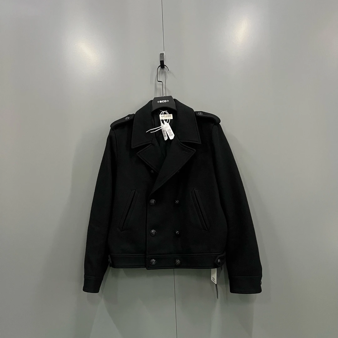 95新 YSL/圣罗兰 (ll) slp 黑色双排扣短大衣 50码/103067