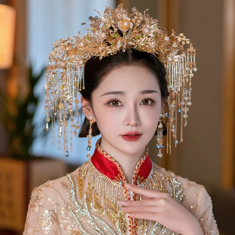 中式秀禾大冠秀禾服金色大气水晶新娘头饰百搭减龄流苏龙凤褂女