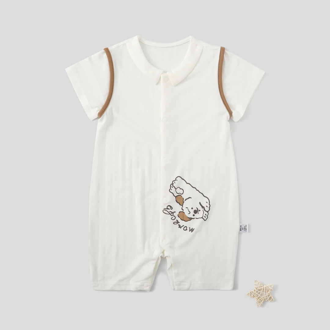 清新白色哈衣萌趣小狗简约棕色肩带给宝宝带来纯真可爱的夏日造型