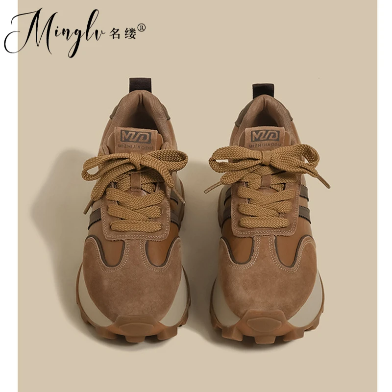 厚底阿甘鞋女2025季新款加绒秋土黄小个子增高小码运动老爹鞋