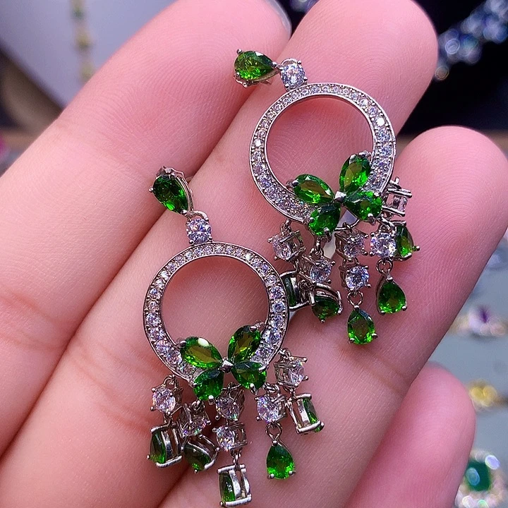 透辉石银S925镶嵌耳钉