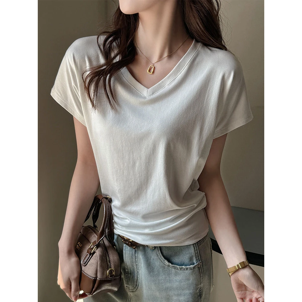 韩系v领短袖t恤女夏季新款宽松显瘦慵懒风基础款百搭正肩打底上衣